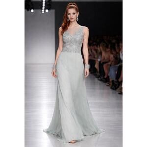 ADRIANNA PAPELL 12 Blue Mist Embellished Mesh Bodice Gown NWT $349 Illusion Neck